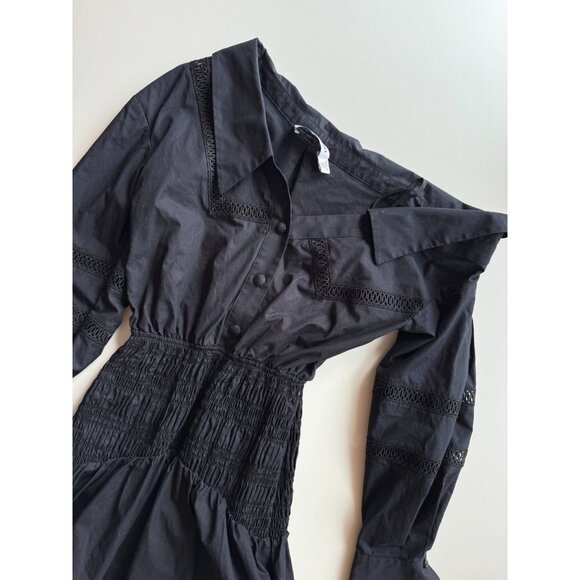 SELF PORTRAIT Black One Shoulder Cotton Poplin Ruched Crochet Trim Dress, Size 0 - Picture 4 of 11